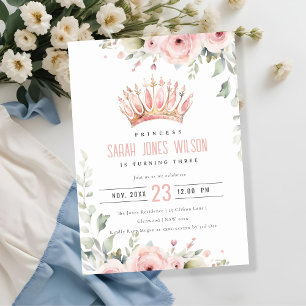 Invitation Joli rose princesse Crown Tiara Floral Anniversair
