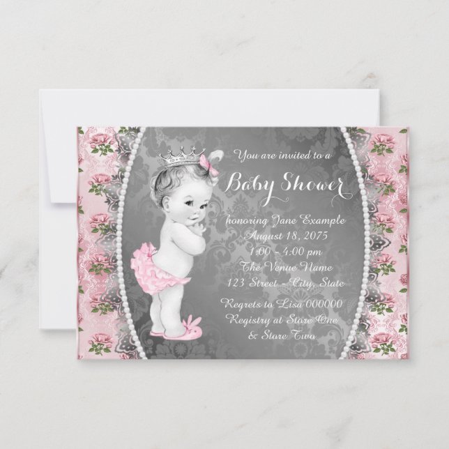 Invitation Joli rose rose rose rose et Baby shower gris (Devant)