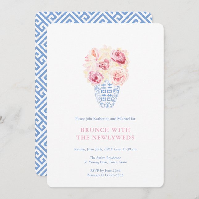 Invitation Joli rose Roses Bleu Et Blanc Nouveau Mariés Brunc (Devant / Derrière)