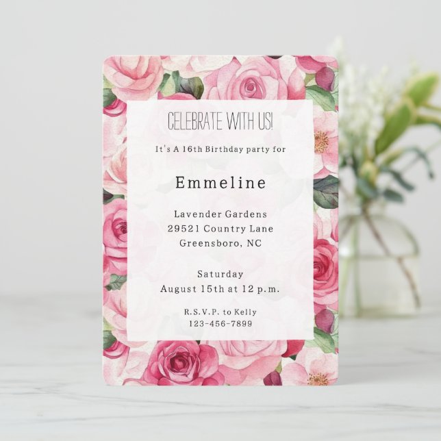 Invitation Joli rose Roses Floral Anniversaire (Debout devant)