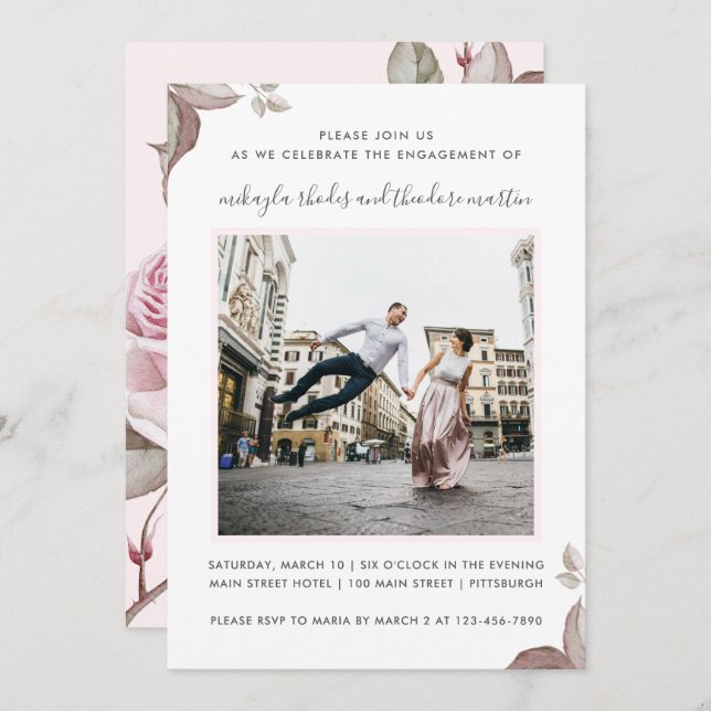 Invitation Joli rose Roses Mariage Photo Fiançailles (Devant / Derrière)