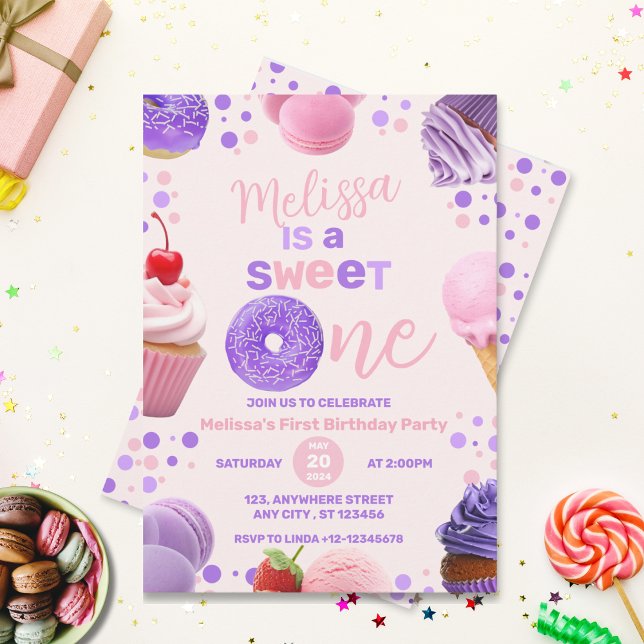 Invitation Joli Rose Violet Douce Première Fête d'anniversair (Créateur téléchargé)