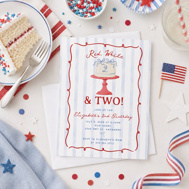 Invitation Joli Rouge, Blanc et Deux 2e Anniversaire (Cute Red, White and Two 2nd Birthday Invitation)