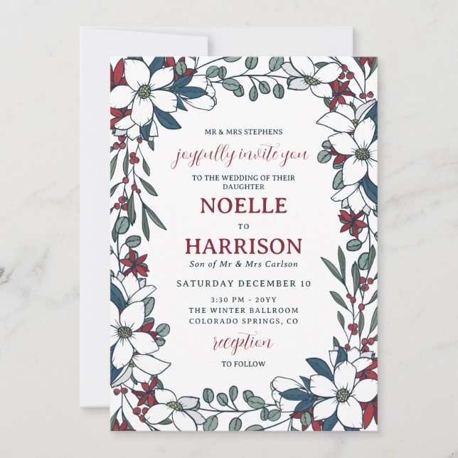Invitation Joli Rouge Blanc Floral Mariage de Noël (Devant)