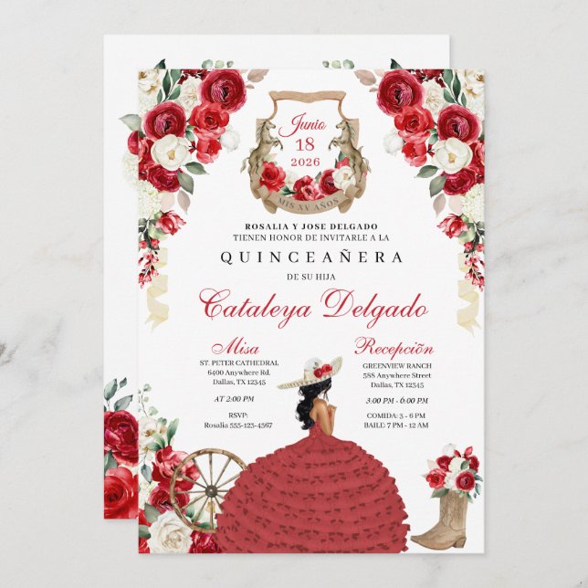 Invitation Joli Rouge Floral Ouest Charro Quinceañera (Devant / Derrière)