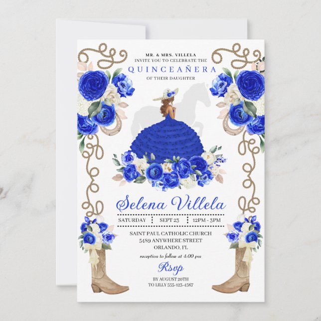 Invitation Joli Royal Blue Western Mariachi Quinceañera (Devant)