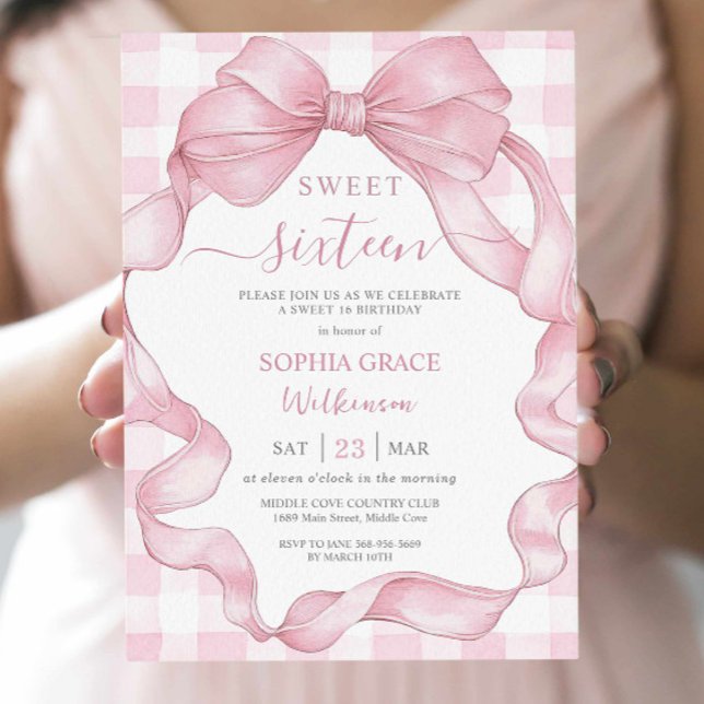 Invitation Joli ruban rose Bows Sweet sixteen 16 Anniversaire (Créateur téléchargé)