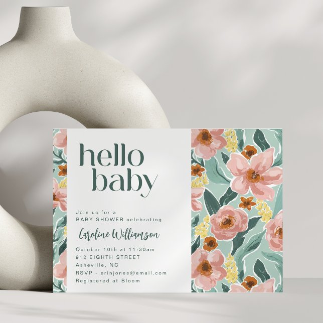 Invitation Joli Sage Vert rose Floral Hello Baby shower (Créateur téléchargé)