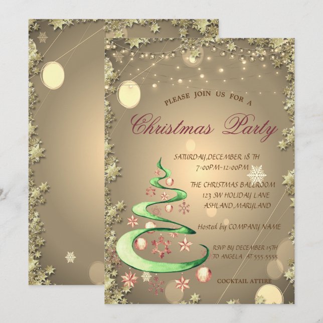 Invitation Joli sapin de Noël étoiles dorées Noël (Devant / Derrière)