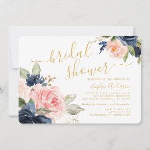 Invitation Joli Script Fard à Joues Navy Or Floral Mariage
