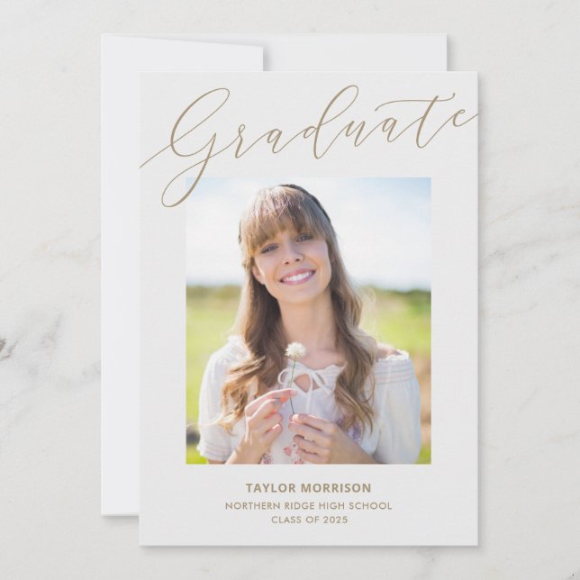 Invitation Joli Script Grey & Gold Photo Graduation Party (Devant)