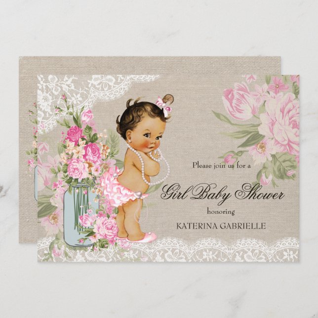 Invitation Joli Shabby Chic Lace Baby shower Floral (Devant / Derrière)