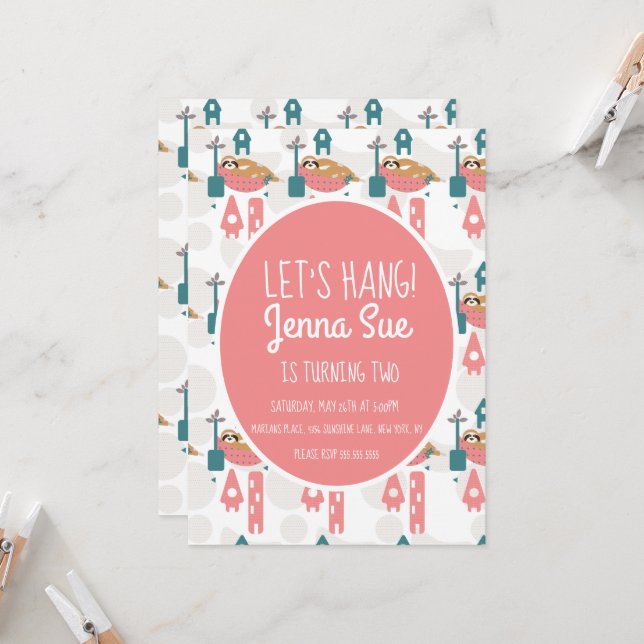 Invitation Joli Sloth Relaxant Anniversaire Fête Rose (Devant/Arrière en situation)