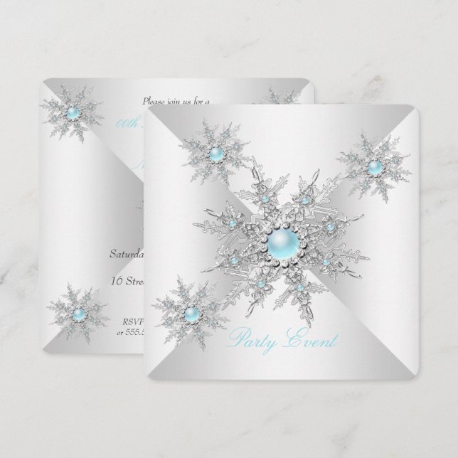 Invitation Joli Snowflakes Turquoise Winter Wonderland Party (Devant / Derrière)