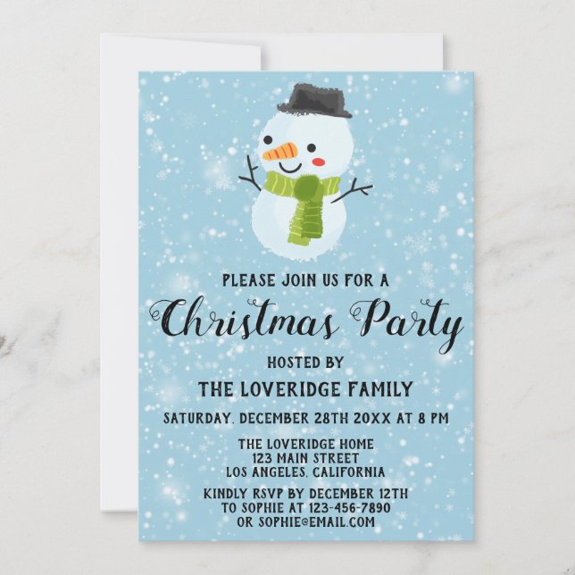 Invitation Joli Snowman Noël Party White Snowflakes Bleu (Devant)