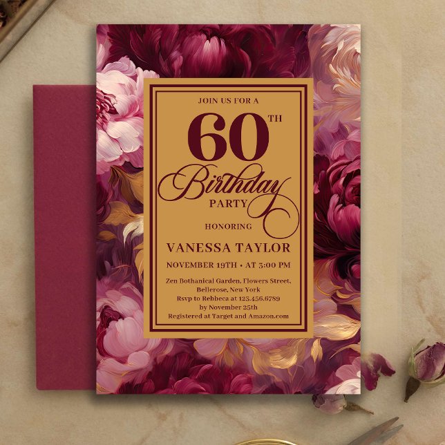Invitation Joli Style Bourgogne Blush Or 60e Anniversaire   (Lovely Burgundy Blush Gold Style 60th Birthday Invitation

)