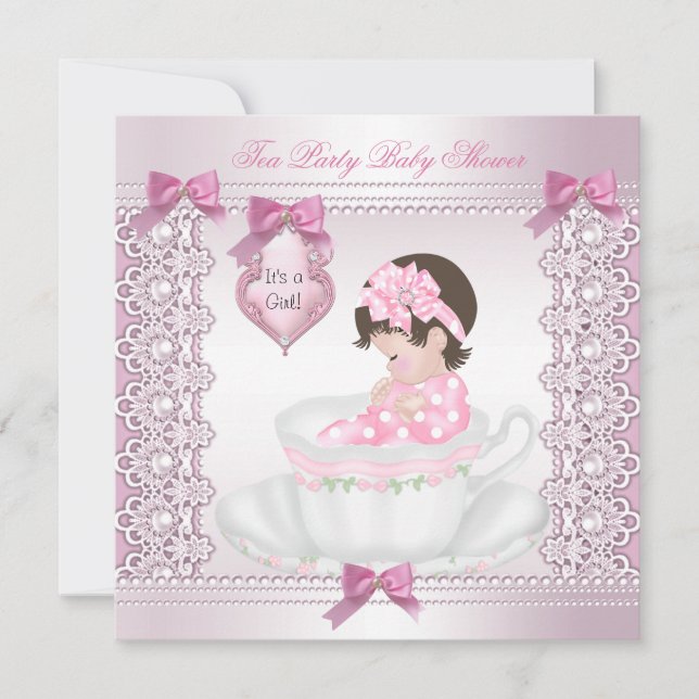 Invitation Joli Tea Party Baby shower mignonne fille rose (Devant)