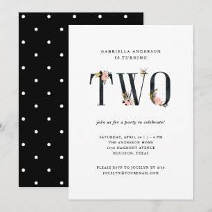 Invitation Joli texte floral noir Fête du deuxième annivers