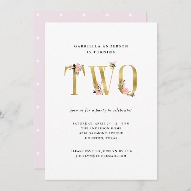 Invitation Joli texte floral or| Deuxième fête d'anniversaire (Devant / Derrière)
