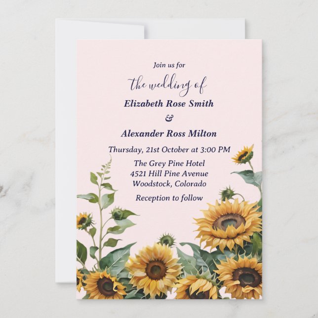 Invitation Joli tournesol jaune sur mariage rose (Devant)