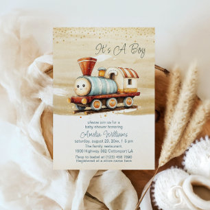 Invitation Joli train à l'aquarelle C'est une baby shower gar