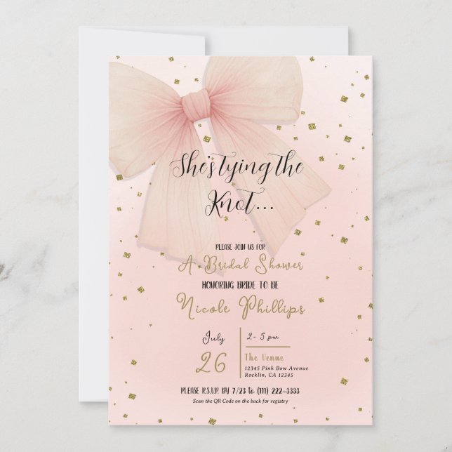 Invitation Joli Tulle Rose Bow Gold Confetti Fête des mariées (Devant)