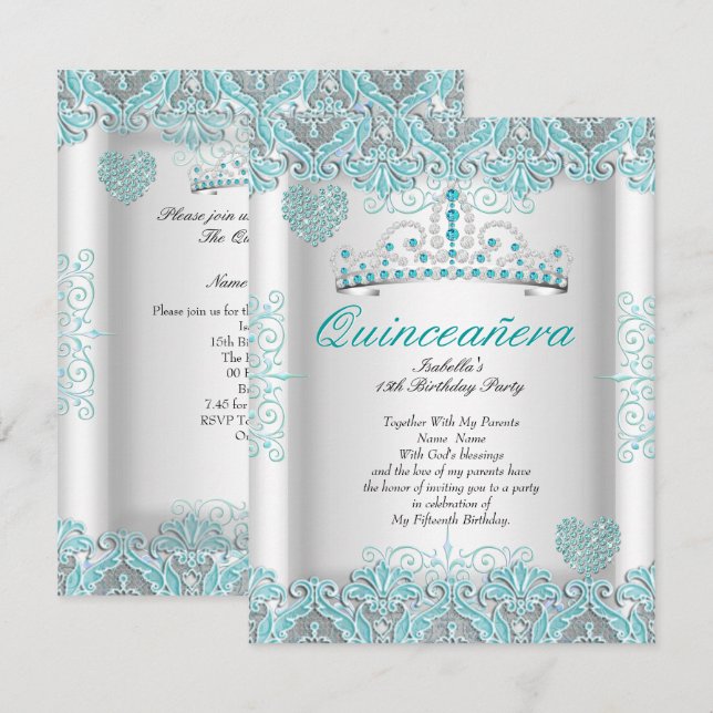 Invitation Joli Turquoise Blue Quinceanera Party Tiara Coeurs (Devant / Derrière)