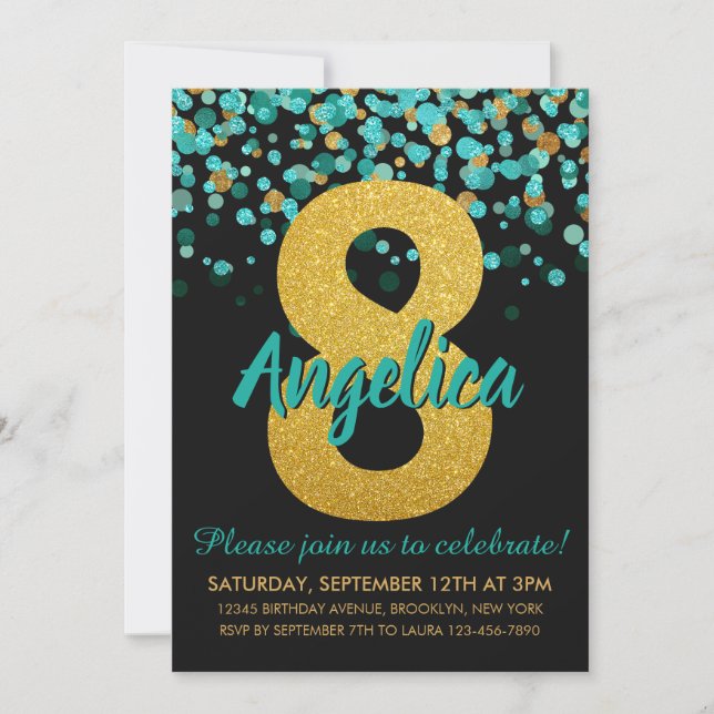 Invitation Joli Turquoise Gold Parties scintillant Noir Confe (Devant)