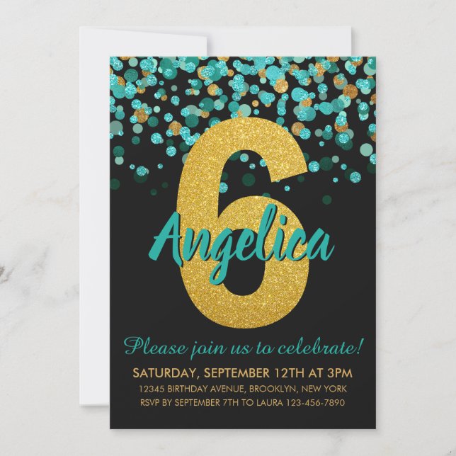 Invitation Joli Turquoise Gold Parties scintillant Noir Confe (Devant)