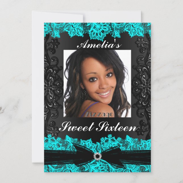 Invitation Joli Turquoise & noir dentelle photo Sweet 16 Invi (Devant)