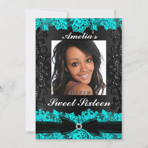 Invitation Joli Turquoise & noir dentelle photo Sweet 16 Invi