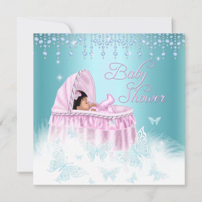 Invitation Joli Turquoise Pink Sparkle Papillon Baby shower E (Devant)