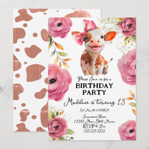 Invitation Joli veau à l'aquarelle Anniversaire Fleurs roses