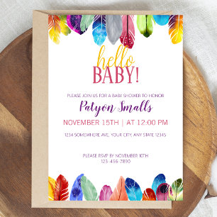 Invitation Joli Vibrant Bonjour Bébé ! Baby shower de plumes