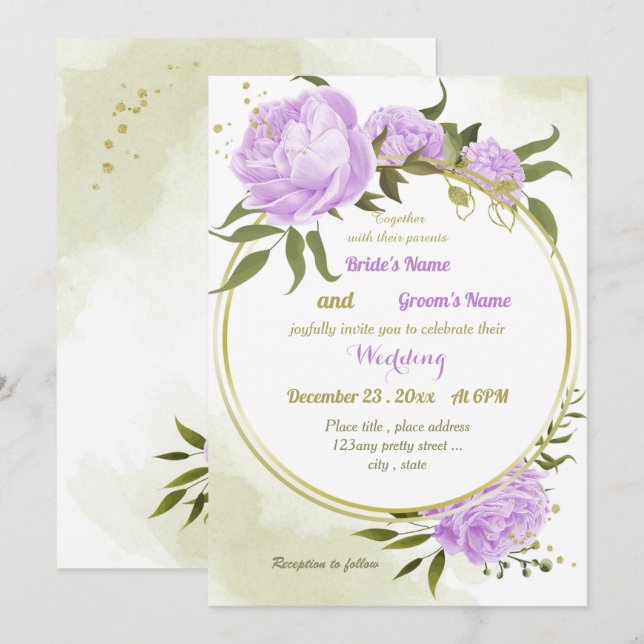 Invitation joli violet fleurs verdure mariage géométrique (Devant / Derrière)
