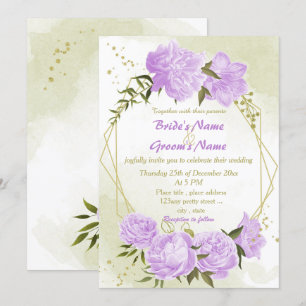 Invitation joli violet fleurs verdure mariage géométrique