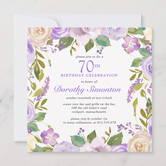 Invitation Joli violet Rustique Floral 70e anniversaire (Devant)