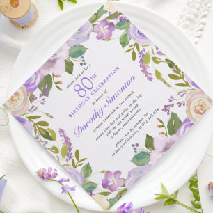 Invitation Joli violet Rustique Floral 80e anniversaire