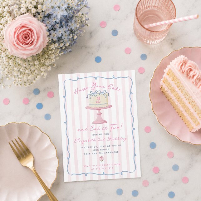 Invitation Joli Vous Avez Gâteau et Mangez-le Deux 2e Anniver (Quirky Hand Drawn Have You Cake and Eat it Two Invitation)