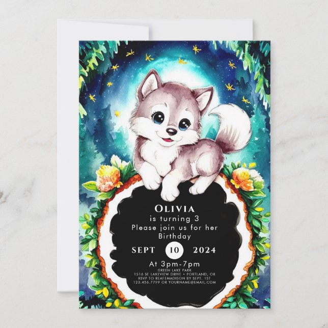 Invitation Joli Whimsical Wolf Birthday (Devant)