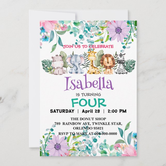 Invitation Joli zoo de fleurs jungle Animaux Anniversaire pou (Devant)