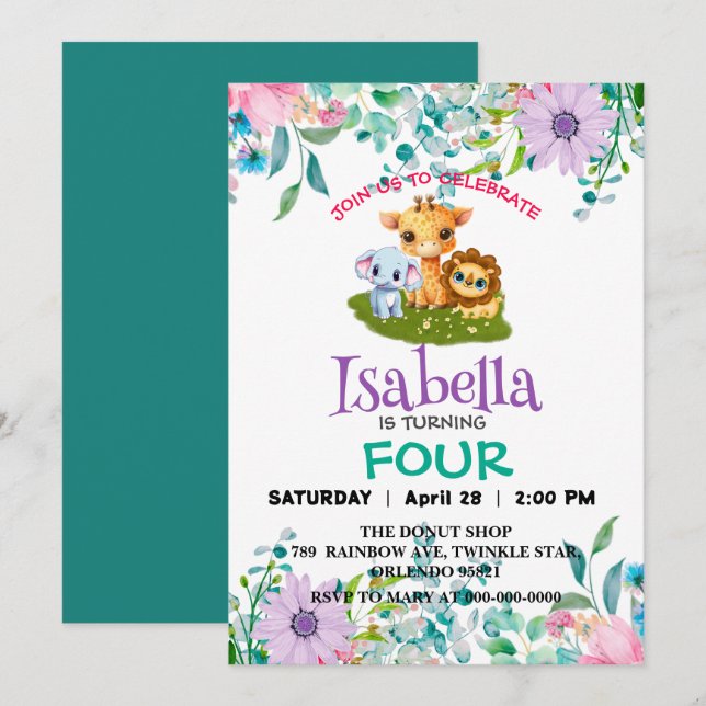Invitation Joli Zoo jungle bébé Animaux Anniversaire Fleurs e (Devant / Derrière)