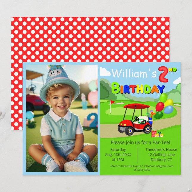 Invitation Jolie 2ème photo Anniversaire Red Golf Cart Boy's (Devant / Derrière)