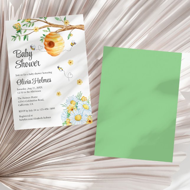 Invitation Jolie abeille au miel et Baby shower de Chamomille (Cute Honey Bee and Chamomille Baby Shower Invitation on a sunny white dry palm leaf.)