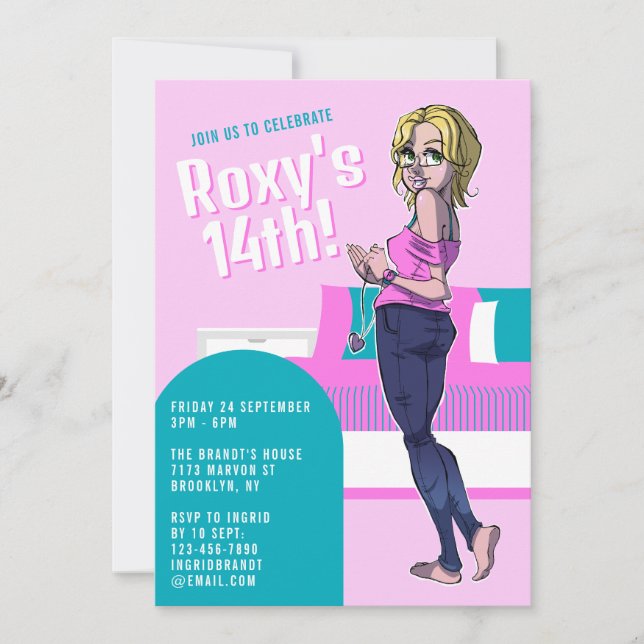Invitation Jolie Ado de dessin rose fille 14e anniversaire (Devant)