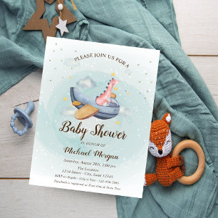 Invitation Jolie adorable avion dinosaure étoiles Baby Shower