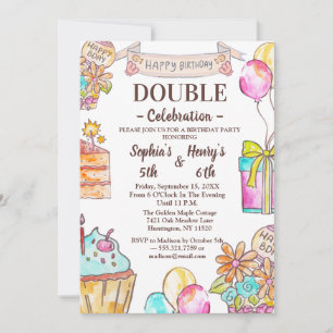 Invitation Jolie Anniversaire Commun Enfants Aquarelle Coloré