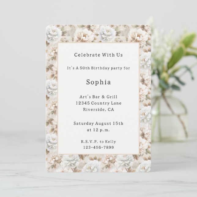 Invitation Jolie Anniversaire Florale Blanche Marron (Debout devant)