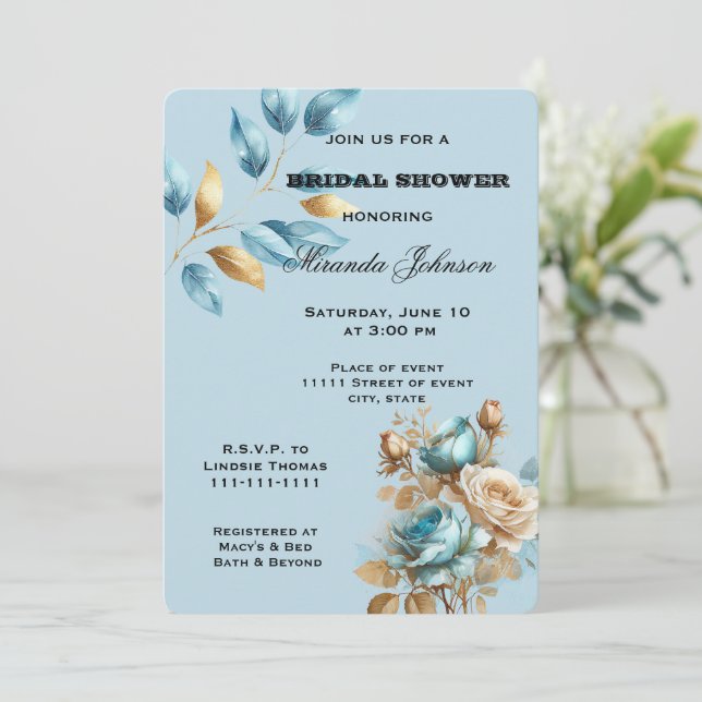 Invitation Jolie Aqua Blue Gold Ivory Fête des mariées floral (Debout devant)