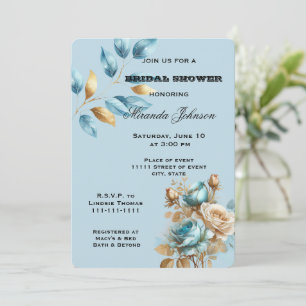 Invitation Jolie Aqua Blue Gold Ivory Fête des mariées floral